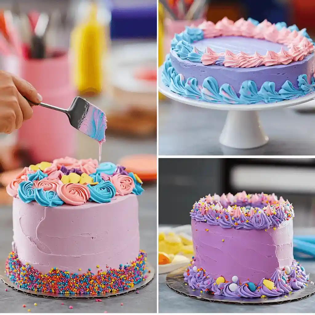 Step-by-step image showing a cake being decorated with vibrant buttercream frosting. The scene includes the application of crumb coat and colorful frosting, with cake decorating tools like spatulas and piping bags in the background.